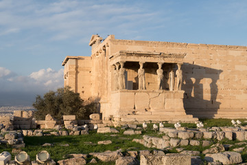 Athens, Greece - Dec 20, 2019: Erechtheion Temple with Caryatids, Caryatid Porch, Acropolis, Athens, Greece