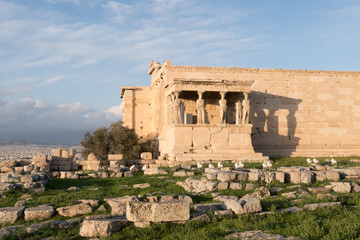 Naklejka premium Athens, Greece - Dec 20, 2019: Erechtheion Temple with Caryatids, Caryatid Porch, Acropolis, Athens, Greece