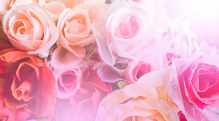 bouquet of pink roses and flowers, panoramic background
