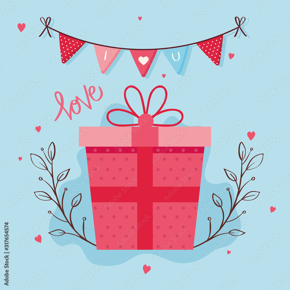 Poster happy valentines day card with gift box and decoration