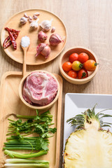 Food ingredients for making Nam Prik Ong, Northern Thai local food