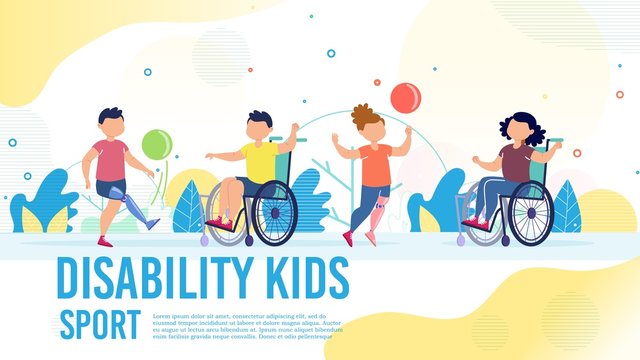Sport Activity for Disabled Children Trendy Flat Vector Banner, Poster Template. Kids with Disabilities, Boy and Girl on Wheelchair, with Leg Prosthesis Playing Ball with Friends Outdoor Illustration