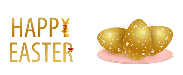 Holiday banner Happy easter. Easter golden bunny with a red bow on neck. Gold eggs on a pink plate. Festive Horizontal poster. Design with realistic festive objects, 3d. White background. Vector