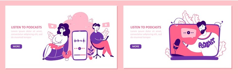 Listening to podcasts flat vector landing page templates set