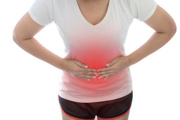 Young Asian woman with abdominal pain at white background, Women getting a stomach ache, health...
