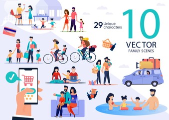 Family Summer Vacation Leisure and Recreation, Holidays Travel Trendy Flat Vector Scenes Set. Parents with Kids Cooking Barbeque, Going on Shopping and Picnic, Traveling on Bicycles, Swimming in Pool