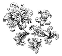 Flower vintage Baroque scroll Victorian frame border floral ornament leaf engraved retro pattern rose peony decorative design tattoo black and white filigree calligraphic vector
