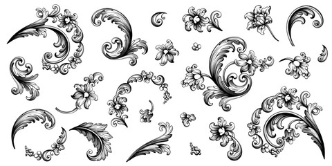 Flower vintage Baroque scroll Victorian frame border floral ornament leaf engraved retro pattern rose peony decorative design tattoo black and white filigree calligraphic vector - 317657941