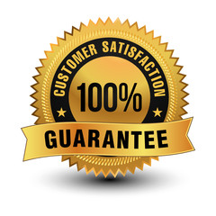 Exclusive 100% customer satisfaction guarantee golden badge with sleek ribbon on top.