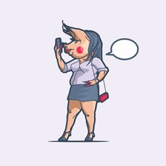 Transformed girl with a phone. Caricature of a selfie.