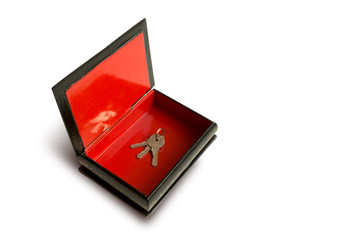 keys in a wooden decorative black box with a red bottom