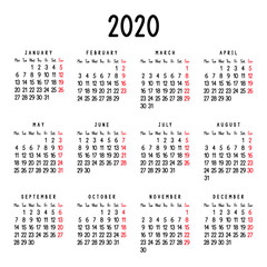 Calendar 2020. Week starts from Monday. Vector illustration.