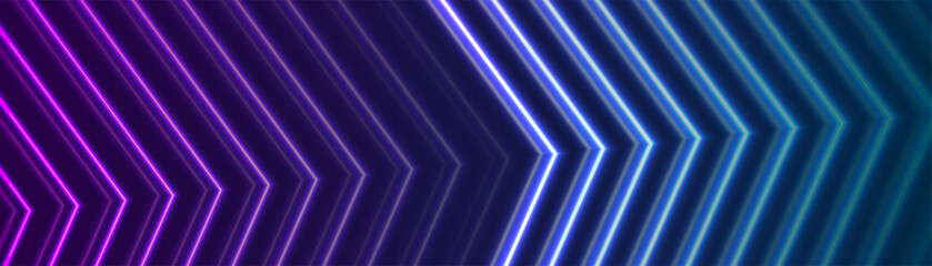 Purple and blue abstract neon arrows tech banner design. Futuristic laser illumination background. Vector illustration