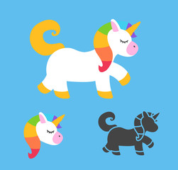 Fototapeta premium Unicorn fantasy with colorful hair and golden horn vector flat illustration set good for svg merchandise printing