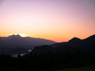 View on the beautiful sunrise over the majestic hills with the Lake Bled in Slovenia
