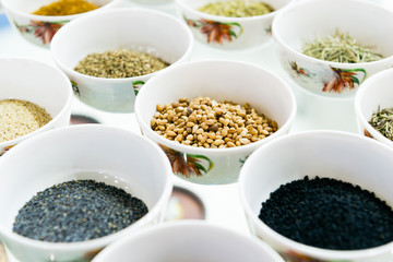 A variety of nuts and seeds of various plants.