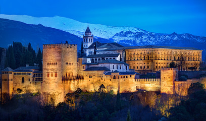 Al Hambra Illuminated at Night, with Sierra Nevada in the Background