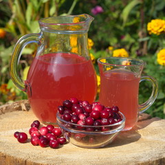 pomegranate and juice in glass jug on wooden table