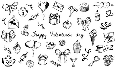 Set of cute hand drawn elements about love. Design elements isolated on white. Happy Valentine s Day background.