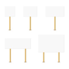 Blank banner mock up on wood stick collection. Vector empty different board plank holder set. Protest signs isolated on white background