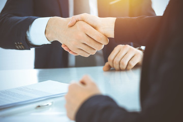 Business people shaking hands finishing up meeting or negotiation in sunny office. Business handshake and partnership concepts