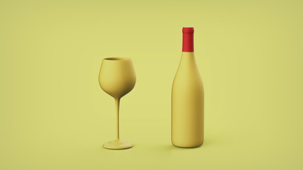 Wine bottle and a wine glass on simple background. Minimalist 3D illustration
