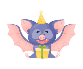 Night Bat Sitting in Front of Gift Box Vector Illustration
