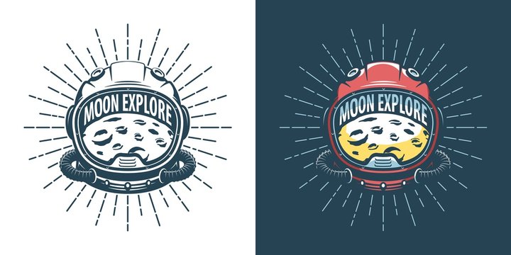 Astronaut helmet and moon - vintage logo. Space explore retro emlem. Vector illustration.