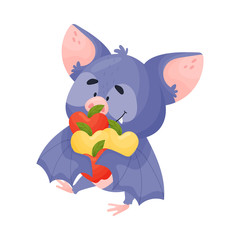 Cartoon Bat Character Carrying Pile of Apples Vector Illustration