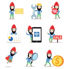 Set of character gnome man wearing cone hats.
