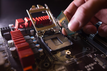 Fototapeta na wymiar Technician plug in CPU microprocessor to motherboard socket. Workshop background. PC upgrade or repair concept.