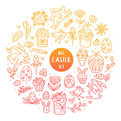 Easter elements doodle hand drawn vector big set of elements, clip art, illustration, sticker. Gradient design. Isolated on white background. Easter cakes, rabbits, muffins, plants, eggs, spices.