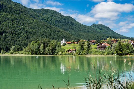 weissensee lake in the bavarian alps near fuessen, allgaeu, bavaria, germany
