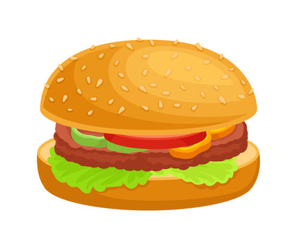 Closeup Hamburger with Vegetables and Patty Cake Isolated on White Background Vector Illustration