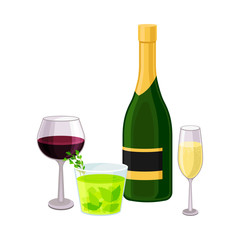 Alcoholic Drinks in Bottle and Glasses Isolated on White Background Vector Illustration