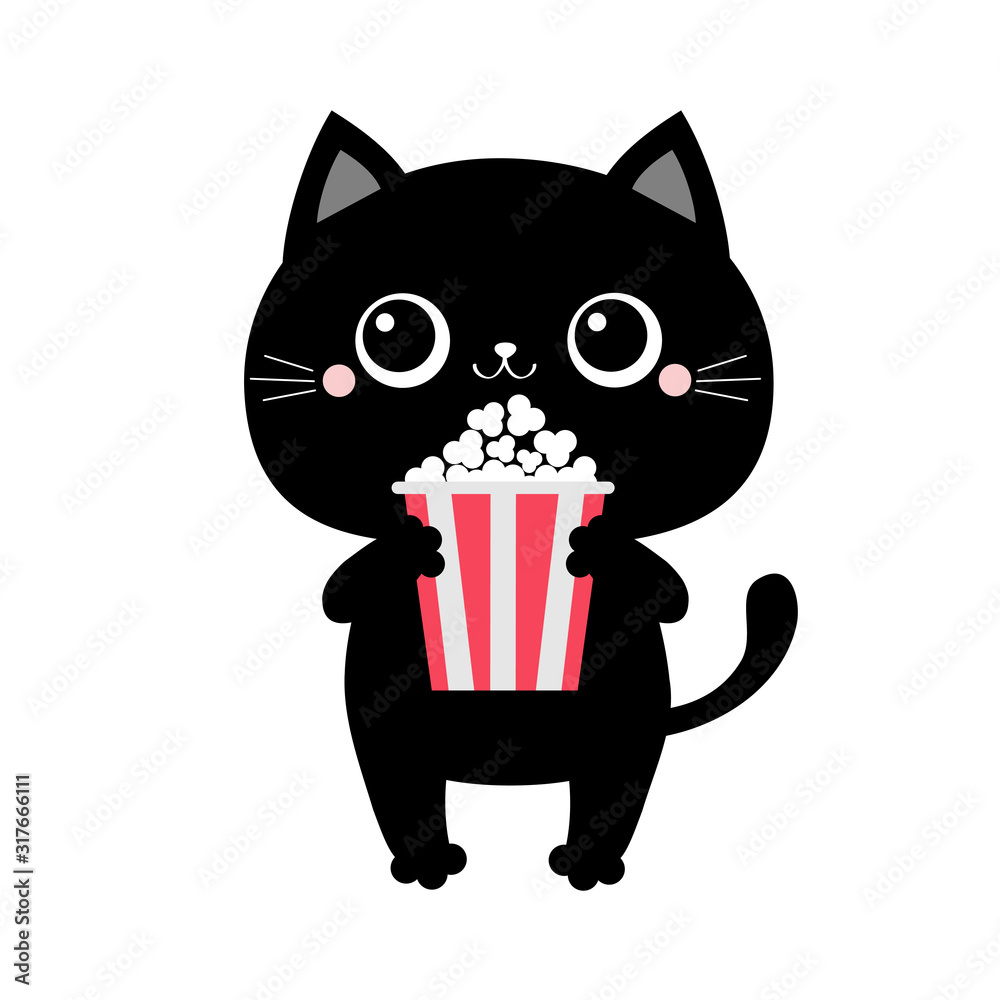 Wall mural black cat holding eating popcorn. cinema theater. cute cartoon kawaii funny baby character. film sho