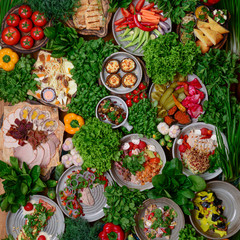 Presentation of georgian cuisine. Baked mushrooms with suluguni cheese, Tbilisi Caesar, caprese, lavash bread, Pkhali