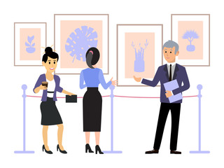 People in contemporary art gallery vector illustration. Guide tour museum exposition. Women look artworks, paintings and listen to guide