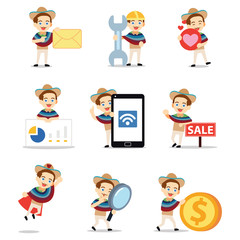 Set of character gringo man with wearing sombrero hat.