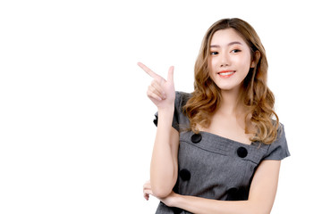 smart attractive female asian hand gesture point to copy sapce with happiness and joyful hand present template card with smile business ideas concept