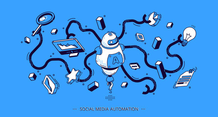 Social media automation isometric banner. Internet technology tools for SEO, digital content. Octopus robot with many hands holding business attributes and graphs. 3d vector illustration, line art