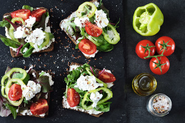 Healthy toasts with lettuce and ricotta cheese. Keto diet. Keto toasts.