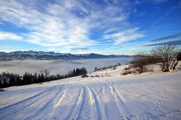 Fototapeta na wymiar Beautiful winter scenery in Bukowina Tatrzanska