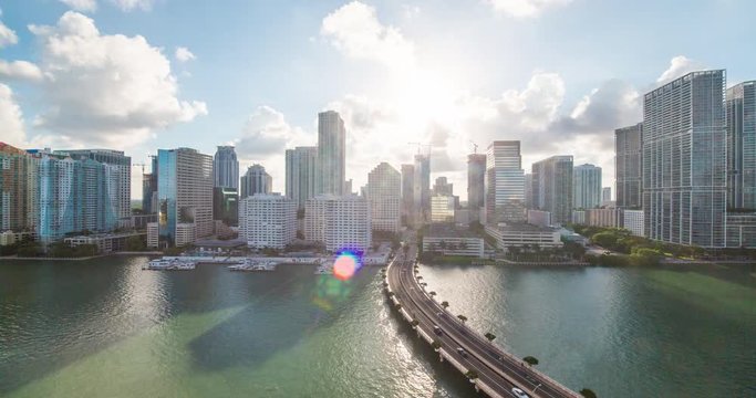 View from Brickell Key, a small island covered in apartment towers, towards the Miami skyline, Miami, Florida, USA - Time lapse