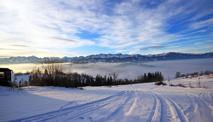 Fototapeta na wymiar Beautiful winter scenery in Bukowina Tatrzanska