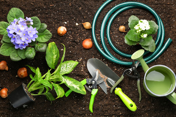 Set of gardening supplies on soil
