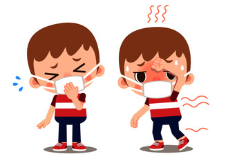 Vector sick boy characters wearing mask, sick kid isolated on white background