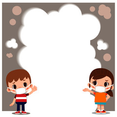 Vector unhappy kid characters wearing mask in smoke environment with space for your text 