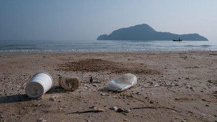 Fototapeta na wymiar Garbage in the sea with plastic bottle on beach sandy, Environmental problem of plastic rubbish pollution in ocean