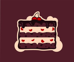 Festive cake with chocolate cream and cherries. Vector illustration of sweetness.